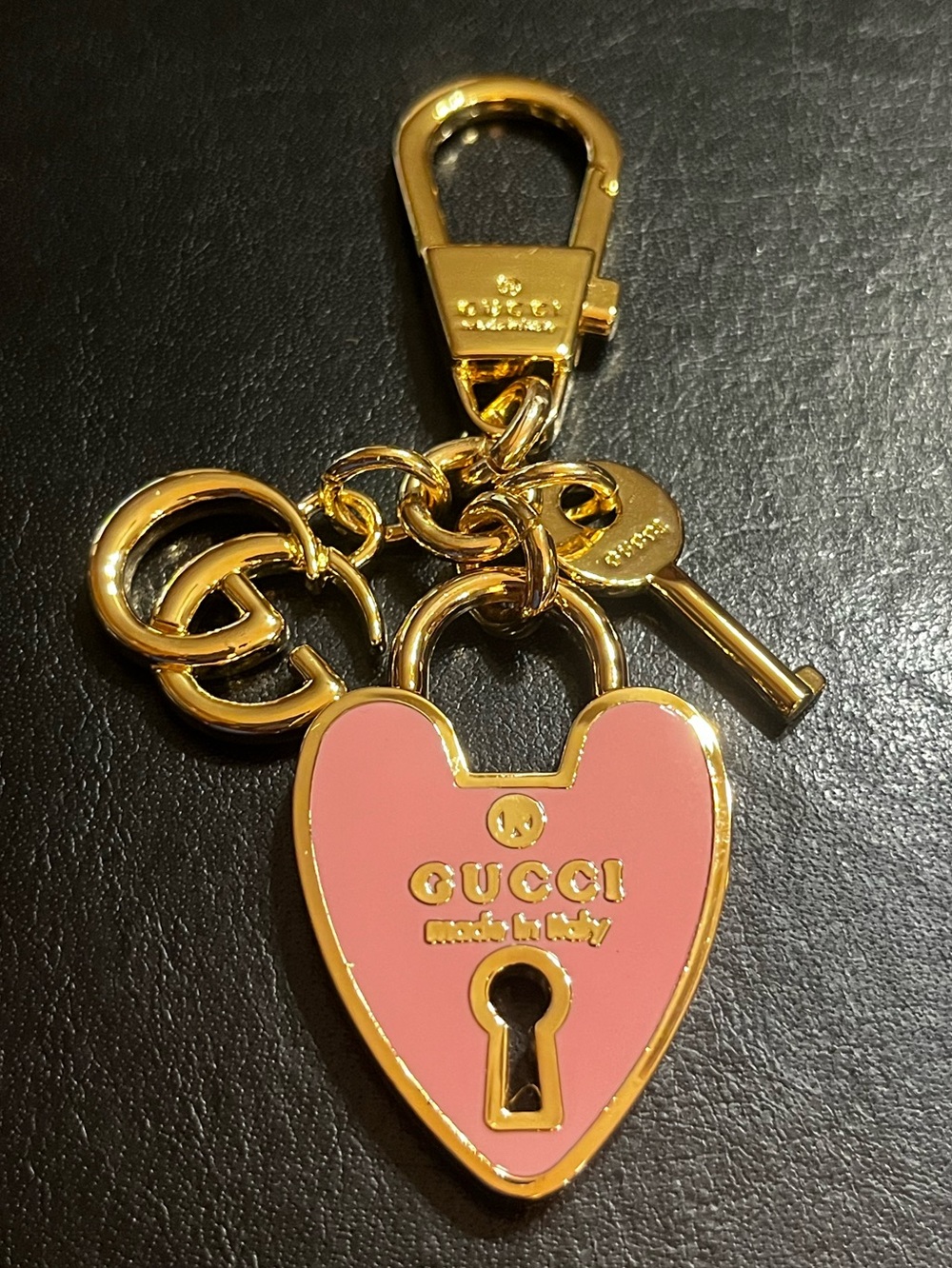 Double G Designer Pink Enamel Gold Tone Heart Bag Charm Key Ring